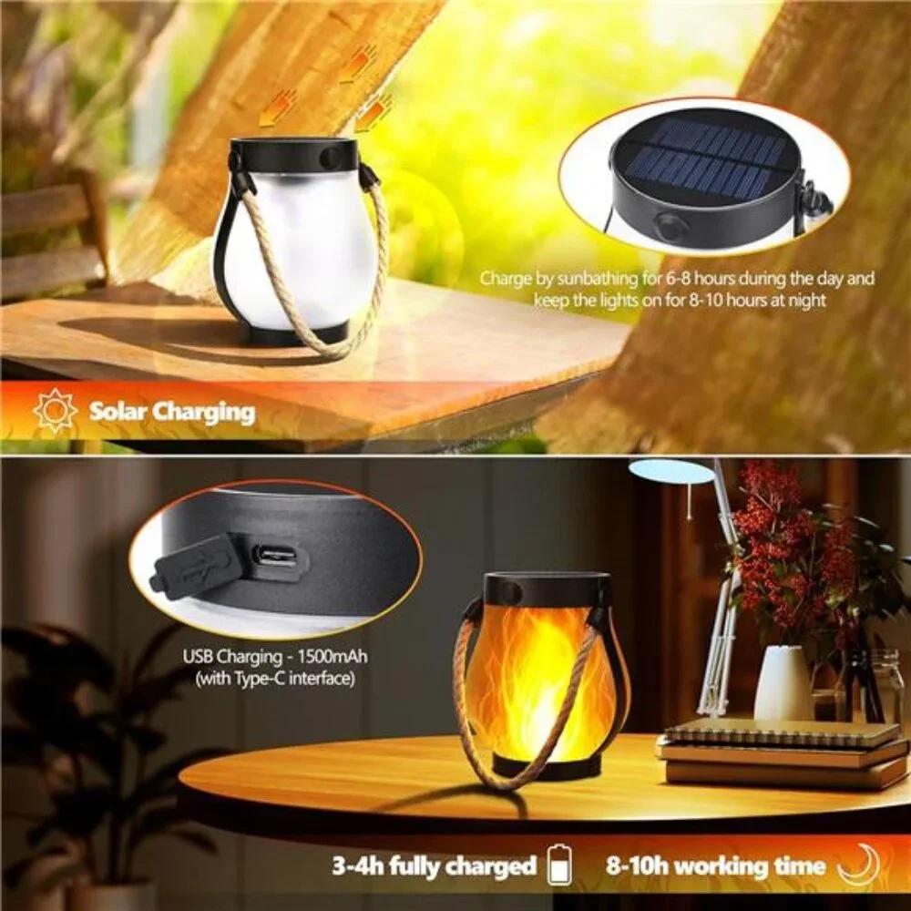 Solar Flame Lanterns Outdoor Hanging Waterproof 2 Pack Garden Yard Decor